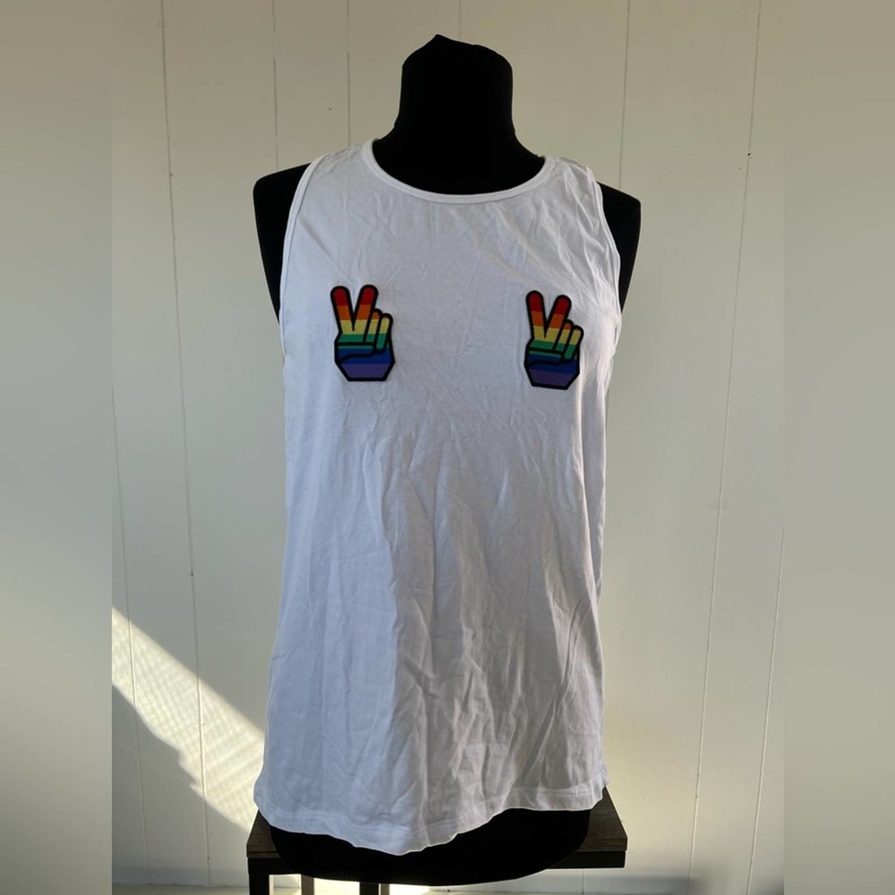 The Ragged Priest Peace Sign Pride Patch White Muscle Tank Top S/M
